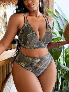 Multicolor Sexy Women's Plus Size Vacation Tree Branch Print Bikini Set